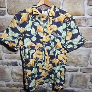 Smithy's England Men's XL Hibiscus Floral Button Up Shirt Vintage Style Navy